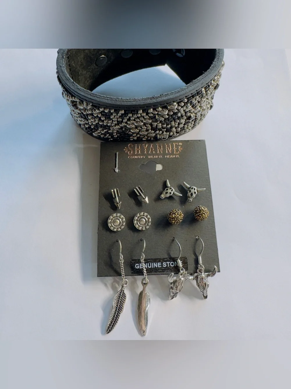 Shyanne Silver-Tone Earring Set with Beaded Black Cuff